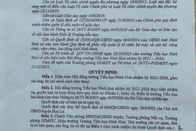 Quyết định kiện toàn hội đồng trường tiểu học Ninh Hòa nhiệm kì 2021-2026