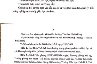 Quyết định bổ nhiệm hiệu trưởng, hiệu phó trường tiểu học Ninh Hòa
